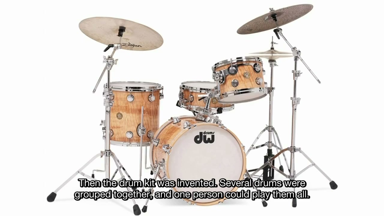 A drum kit in the video illustrates how one player can operate several drums together