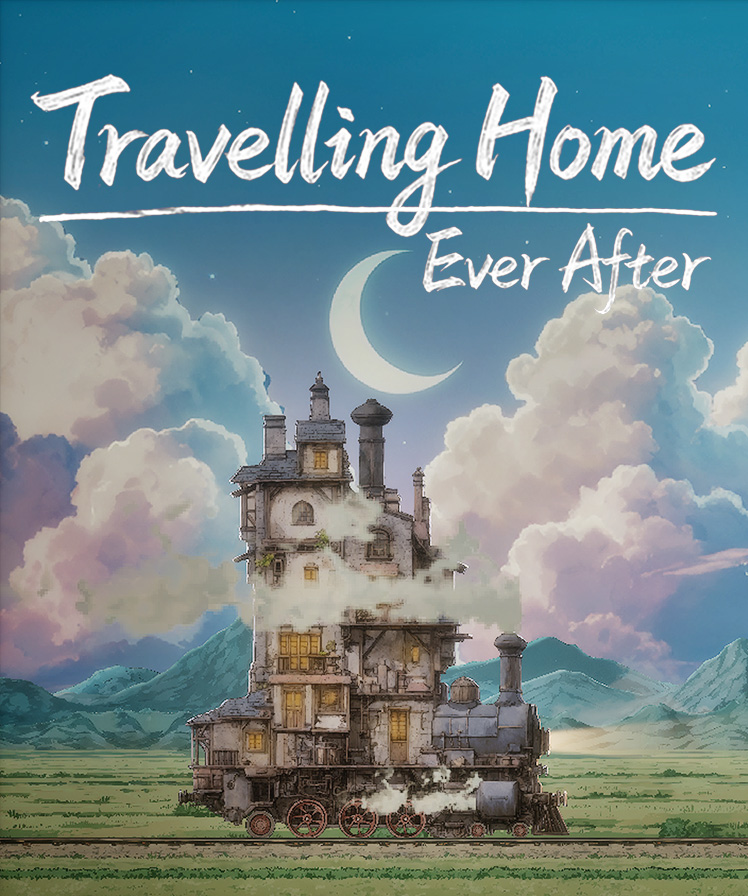English portrait cover for Travelling Home: Ever After, showing the complete travelling steam house and game title
